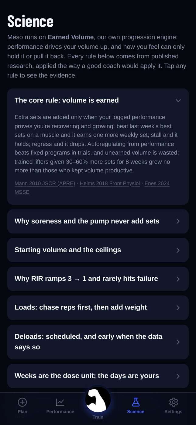 The Science tab, listing each engine rule with links to the studies behind it.